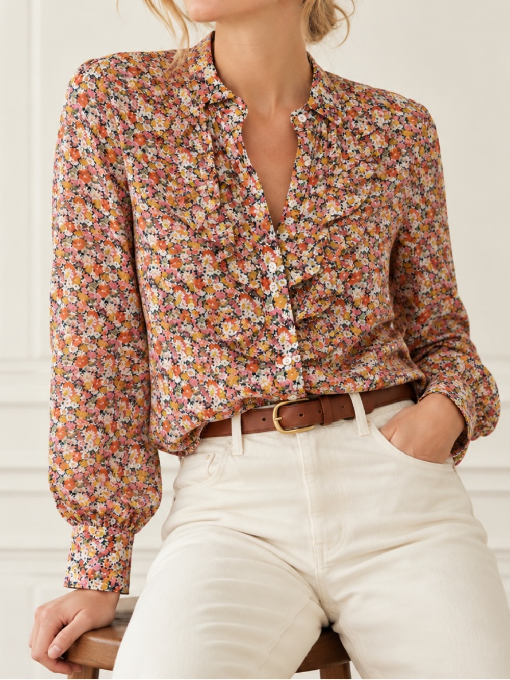 J. Crew Liberty Libby Floral Band Collar Ruffle Front Shirt